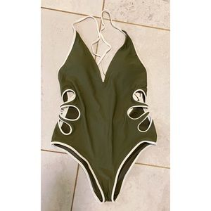 Aerie Cut-Out Bathing Suit with Piping in Olive